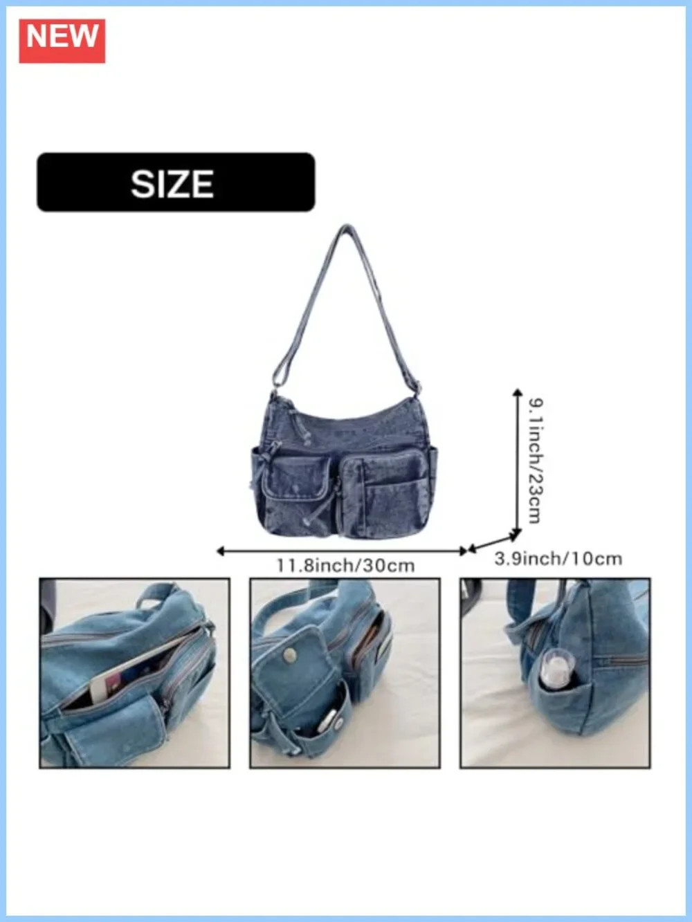 Y2K Grunge Distressed Denim Crossbody Bag Multi-Pocket Hobo Shoulder Purse